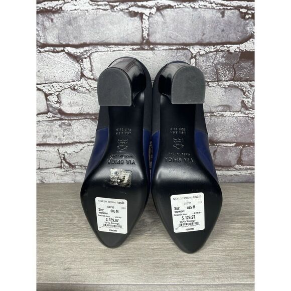 Via Spiga Midnight Navy Blue Leather Black Fabric Heels Women Sz 8.5B US/38.5EU - Picture 7 of 16